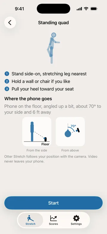 The standing quad's tutorial screen: a drawn figure, three how-to lines, and a diagram of where the phone goes.