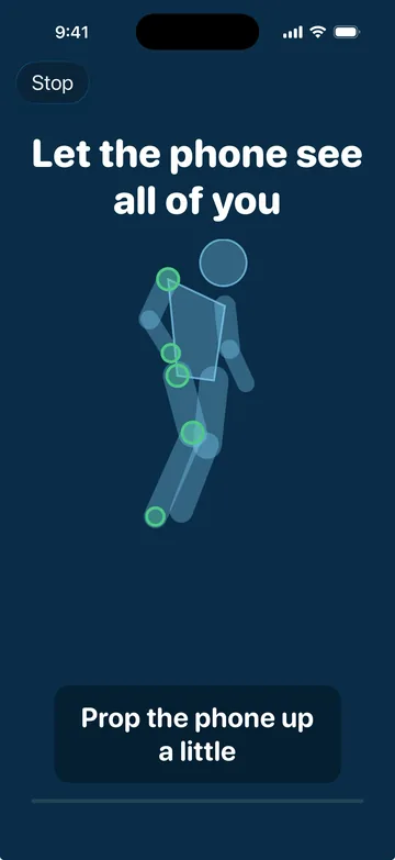 The setup screen: a silhouette drawn from tracking points, with a ring on each joint the camera can see. Never video.
